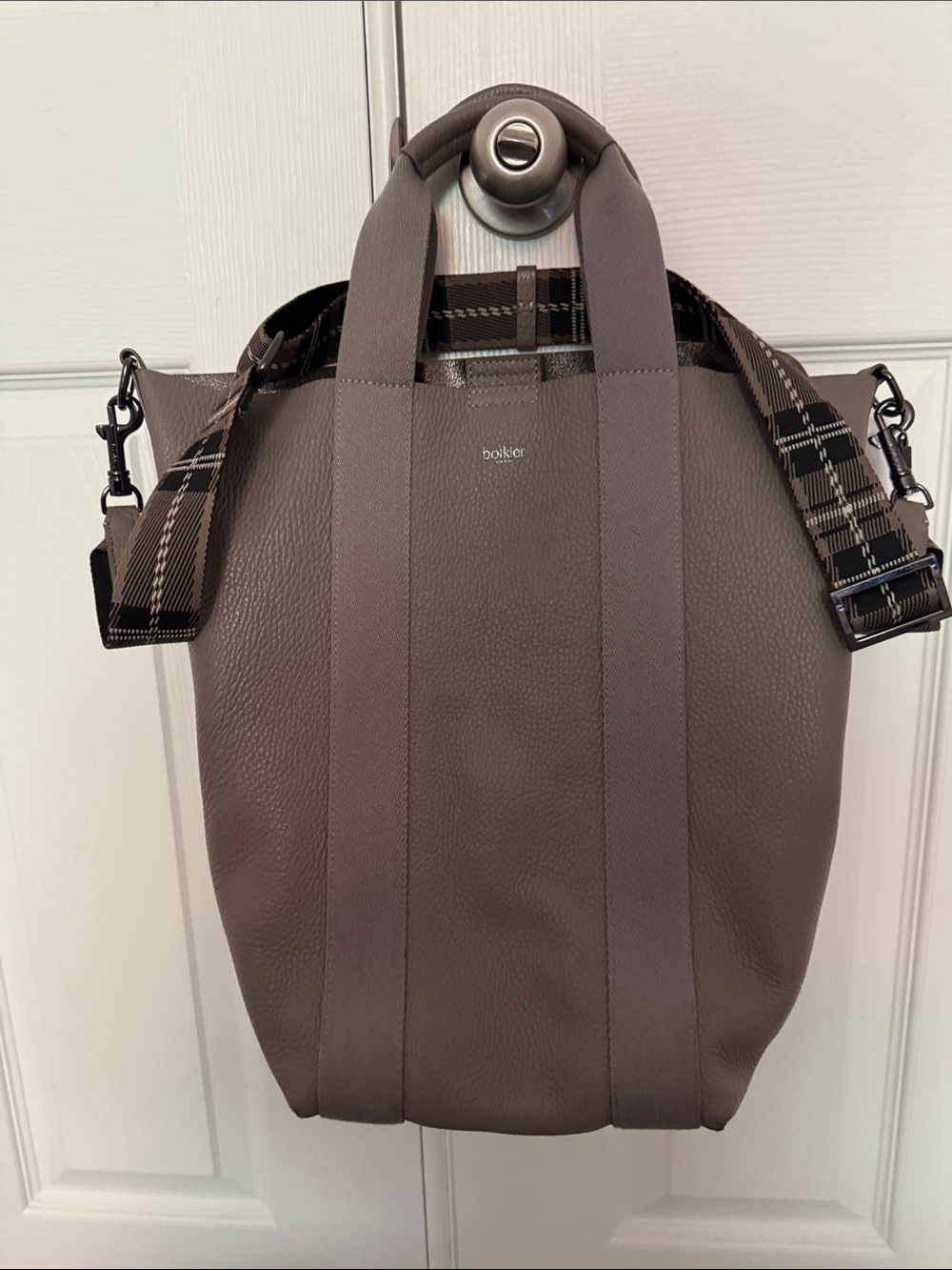Botkier Taupe Gray Leather Tote with Plaid Strap